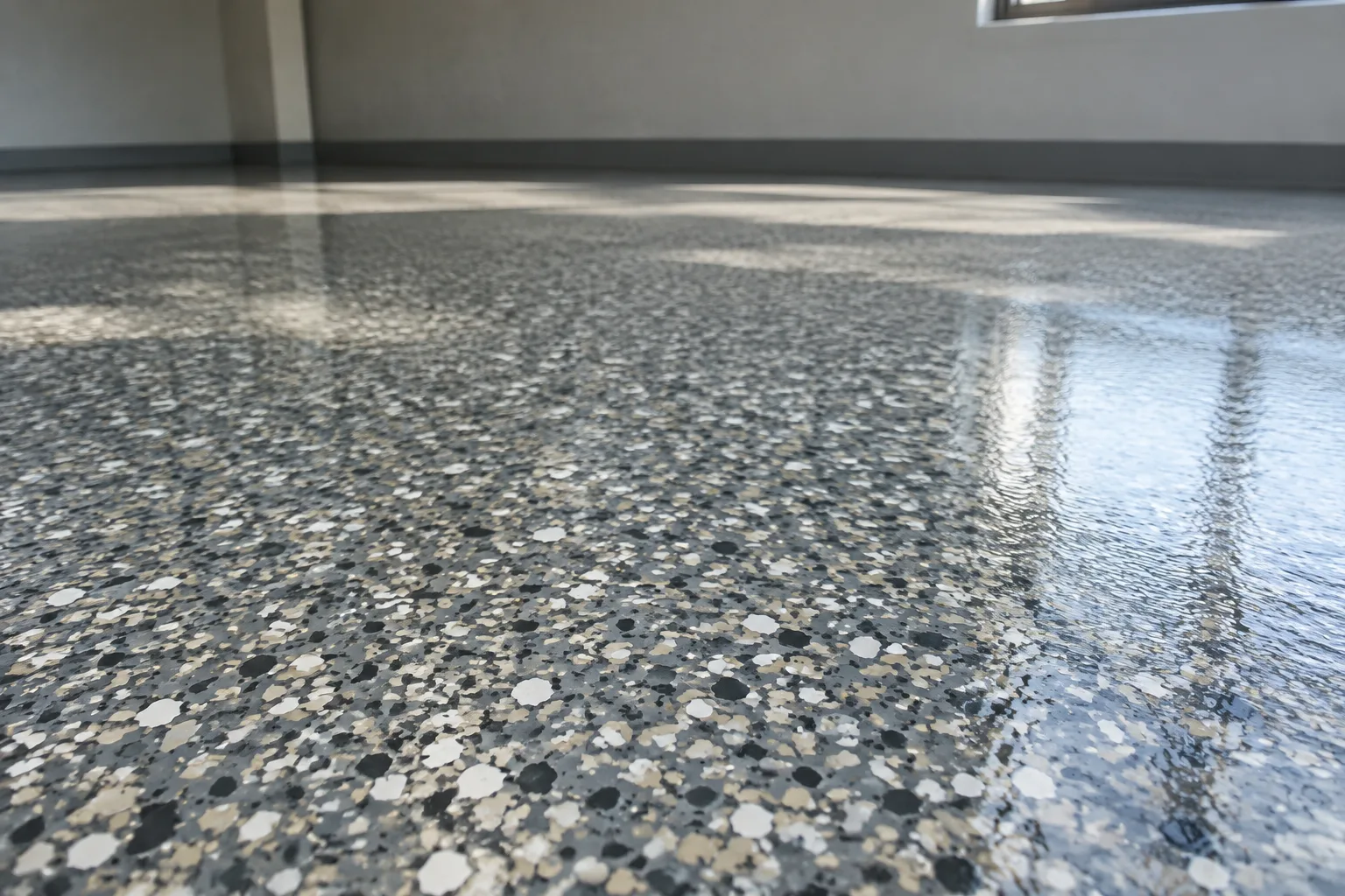 Low-angle view of an indoor flake epoxy floor, charcoal, white, sand and grey chips under a glossy clear coat