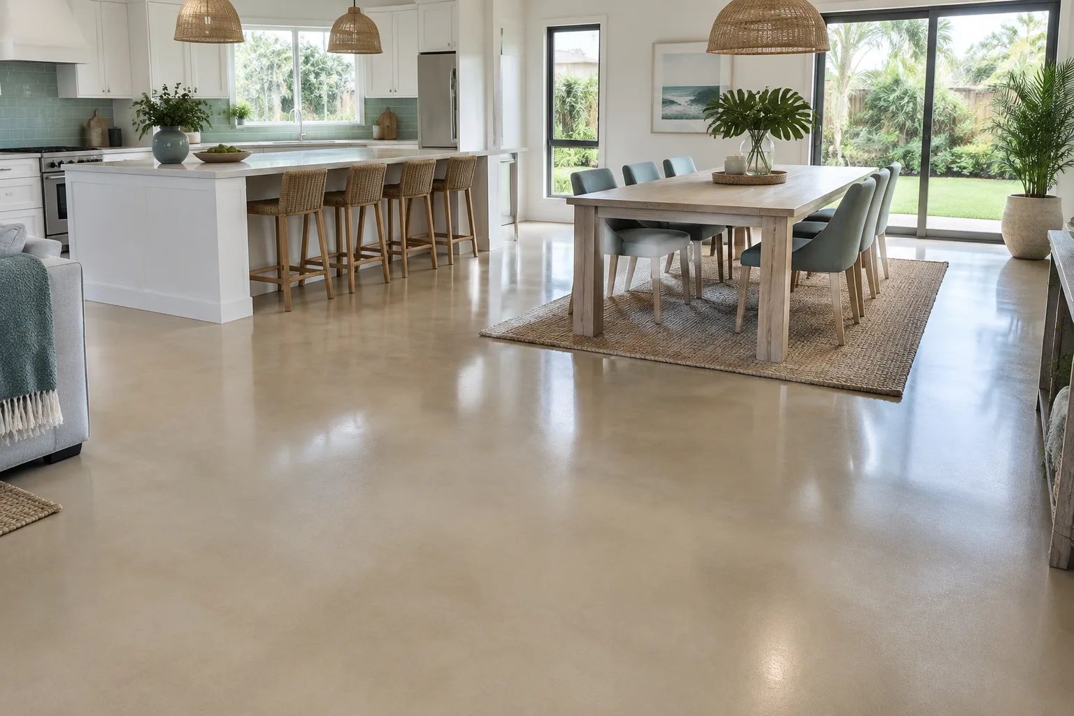 Open-plan kitchen and dining room with a joint-free satin sand-coloured epoxy floor
